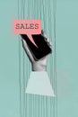 Vertical creative photo illustration collage of hand hold smartphone dialogue cloud sales isolated on teal paper color