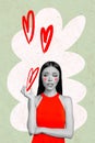 Vertical creative photo picture standing young sad pretty girl hold drawing heart valentine day celebration postcard Royalty Free Stock Photo