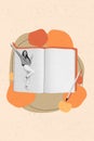 Vertical creative photo template 3d collage of funny carefree positive girl hold smartphone write diary isolated drawing