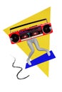 Vertical creative picture collage dancing bodyless young girl having fun celebrate party event boombox music listener