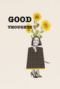 Vertical creative picture collage poster happy young girl bunch sunflower above head caricature isolated drawing