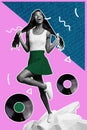 Vertical creative picture collage young happy joyful energetic girl dance clubbing party festive event vintage vinyl