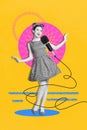 Vertical creative poster collage brochure young beautiful girl collar dress sing microphone voice vocal performance