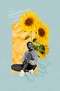 Vertical creative poster young sitting girl bunch sunflowers summertime season holiday happiness nature drawing Royalty Free Stock Photo