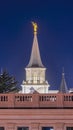 Vertical crop Provo City Center Temple with statue of angel and spire against blue evening sky Royalty Free Stock Photo