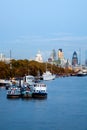 Vertical crop of river terms with skyline behind