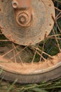 Vertical CU muddy rim and tire of light motorcycle on grass