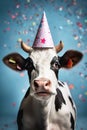 vertical cute black and white spotted cow in a party hat under falling confetti on a blue background. funny animal concept