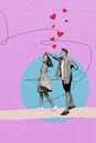 Vertical cute photo collage happy young couple dance hold hands laugh have fun together on date on violet drawing