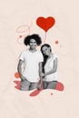 Vertical cute postcard collage of two sweet young lovers couple hold hand hug smile together heart like doodle on