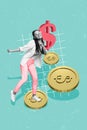 Vertical 3d collage of funky happy cheerful girl celebrate financial progress wealth successful project