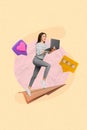 Vertical 3d collage picture artwork image of positive girl hurry meeting with followers typing post isolated on painting