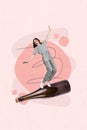 Vertical 3d creative collage picture poster of crazy funky girl standing big bottle tasty red wine isolated on painting