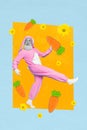 Vertical 3d photo artwork collage of cheerful grandfather bunny costume hold gingerbread carrot sneak game hunting Royalty Free Stock Photo