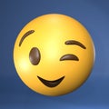 Vertical 3d rendering of a yellow emoji face isolated on blue background. Winking Face.