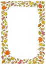 Vertical decorative frame composed of colorful autumn leaves.