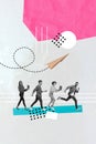 Vertical design collage illustration of four young colleagues working together office send message paper plane isolated