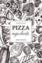 Vertical design with hand drawn italian pizza ingradients sketches. Vintage frame for pizzeria or cafe menu. Meat, seafood, cheese