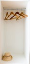 Vertical detail view of an empty coatrack in a white wardrobe with a straw fedora hat