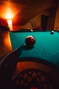 Vertical detailed photo of pool billiard balls on cozy warm backround with orange lighting. Close up image of colorful billiard Royalty Free Stock Photo