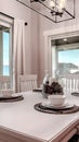 Vertical Dining room with mountain lake neighborhood and porch view through the windows Royalty Free Stock Photo