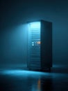 Vertical, dramatic portrait of a single glowing server rack in a dark room. Represents IT infrastructure, network technology, data Royalty Free Stock Photo