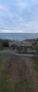 Vertical drone shot of the Aldrich Mansion on the coast of a sea in Warwick, Rhode island, USA Royalty Free Stock Photo