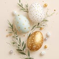 Vertical Easter eggs in gold, white and pastel colors with green branches on a beige background Royalty Free Stock Photo