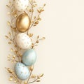 Vertical Easter eggs in gold, white and pastel colors with green branches on a beige background Royalty Free Stock Photo