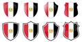 Vertical Egypt flag in shield shape, four 3d and simple versions. Egyptian icon / sign