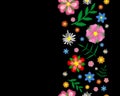 Vertical embroidered seamless border with flowers on a black background. Vector design Royalty Free Stock Photo