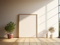 Vertical Empty Frame Mock-Up Template On Floor, Vertical Blank FrameTemplate In A Bright Interior. Generative AI Royalty Free Stock Photo