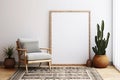 Vertical empty large frame for wall art mockup. Modern boho room with minimalist chair and houseplant