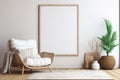 Vertical empty large frame for wall art mockup. Modern scandinavian living room with white chair and houseplant Royalty Free Stock Photo