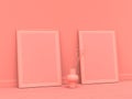 2 vertical empty poster frames on the floor in solid, single pink color room, 3d Rendering, side view, 60x80