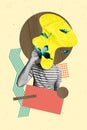 Vertical exclusive collage image surreal illustration of headless man yellow brush catching flying butterflies 
