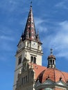 Vertical of the exterior of the Church of the Assumption of Mary against a blue sky, Croatia