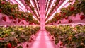 Vertical farm with blooming strawberries under pink LED lights Royalty Free Stock Photo