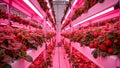 Vertical farm with blooming strawberries under pink LED lights Royalty Free Stock Photo