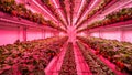 Vertical farm with blooming strawberries under pink LED lights Royalty Free Stock Photo