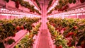Vertical farm with blooming strawberries under pink LED lights Royalty Free Stock Photo