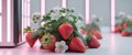 Vertical farm with blooming strawberries under pink LED lights Royalty Free Stock Photo