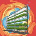 Vertical farming illustration featuring a multi-tiered shelving system stocked with rows Royalty Free Stock Photo