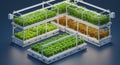 Vertical farming setup with hydroponic systems. Three-tiered metal racks support Royalty Free Stock Photo