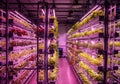 Vertical farming setup with multiple rows of plants growing under Royalty Free Stock Photo