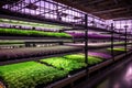 Vertical farming technology Microgreens grow under LED lights. Indoor racks full of greens vertically. Ai, Ai Generated