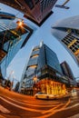 Vertical fish-eye shot of the skyscrapers in the Frankfurt am Main city at night