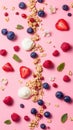 Vertical flat lay of breakfast essentials: granola, yogurt, and fresh Royalty Free Stock Photo