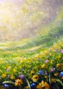 Vertical flower sunny spring summer painting wildflowers field landscape