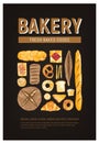 Vertical flyer or poster template with fresh bread, pastry, baked goods of various types and place for text on black